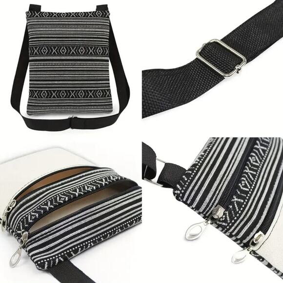 Cat Print Crossbody Bag NWT Aztec Stripe Adjustable Strap Zipper - Picture 3 of 5